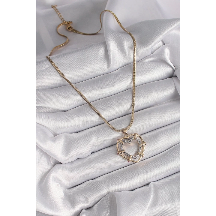 BFS 316L Çelik Gold Renk İtalyan Zincir Mix Renk Zirkon Taşlı Kalp Model Kadın Kolye