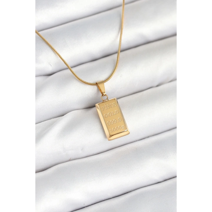 BFS 316L Çelik Gold Renk Külçe Altın Model Kolye