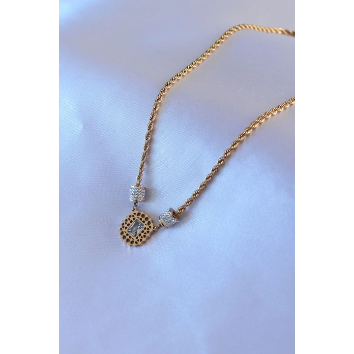 BFS 316L Çelik Gold Renk Lotus Model Zirkon Taşlı Burgu Zincir Kadın Kolye