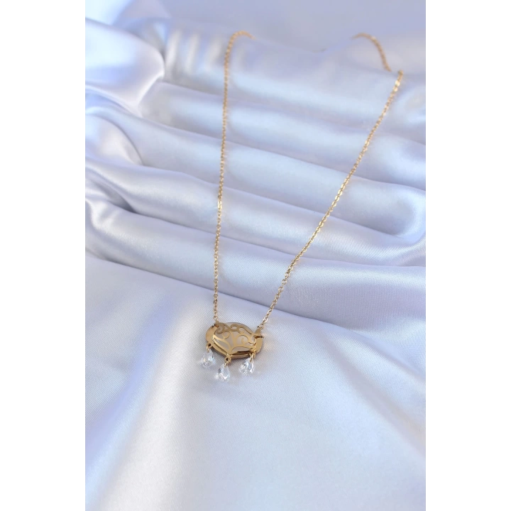 BFS 316L Çelik Gold Renk Lotus Model Zirkon Taşlı Kadın Kolye