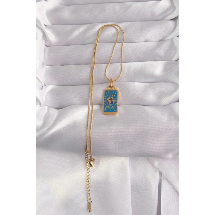 BFS 316L Çelik Gold Renk Mavi Mineli El Figür Tarot Kolye