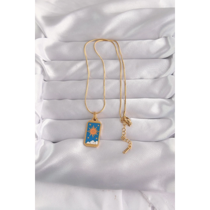 BFS 316L Çelik Gold Renk Mavi Mineli Güneş Model Tarot Kolye