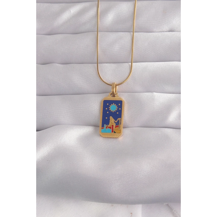 BFS 316L Çelik Gold Renk Mavi Mineli Kız Figür Tarot Kolye