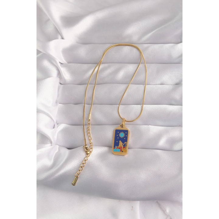 BFS 316L Çelik Gold Renk Mavi Mineli Kız Figür Tarot Kolye