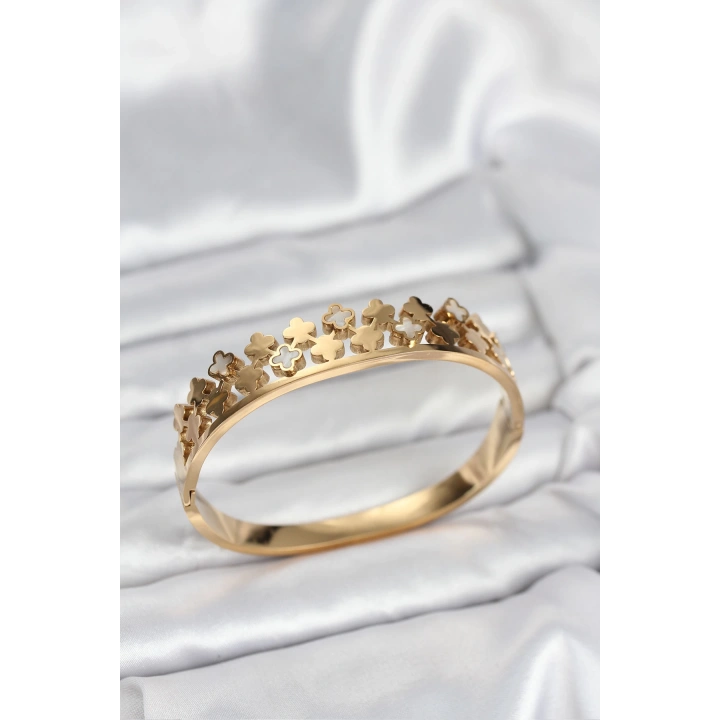 BFS 316L Çelik Gold Renk Minimal Yoncalı Kadın Kelepçe Bileklik