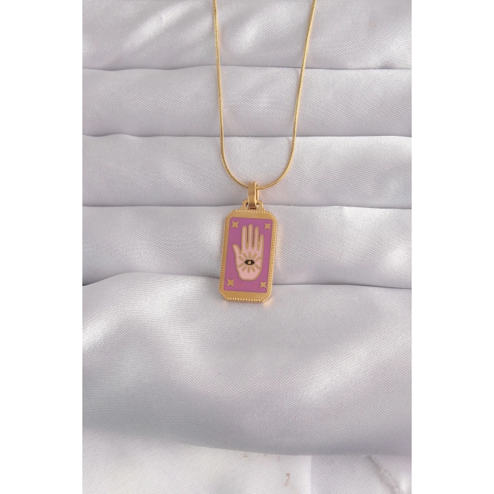 BFS 316L Çelik Gold Renk Mor Mineli El Figür Tarot Kolye