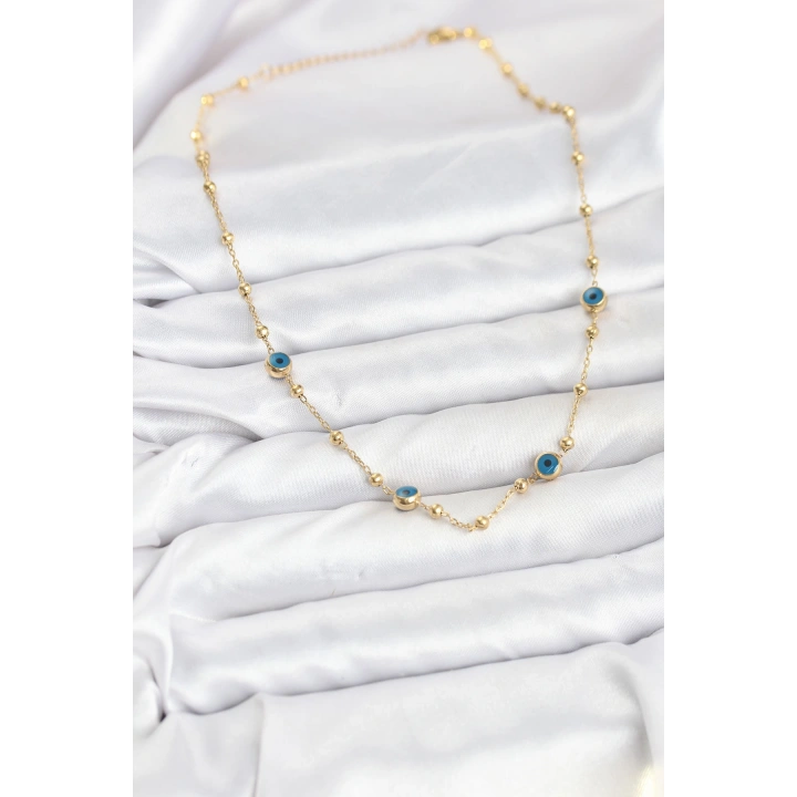 BFS 316L Çelik Gold Renk Nazarlı ve Topçuklu Model Kadın Kolye