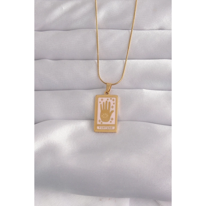 BFS 316L Çelik Gold Renk Pembe Mineli El Figür Tarot Kolye