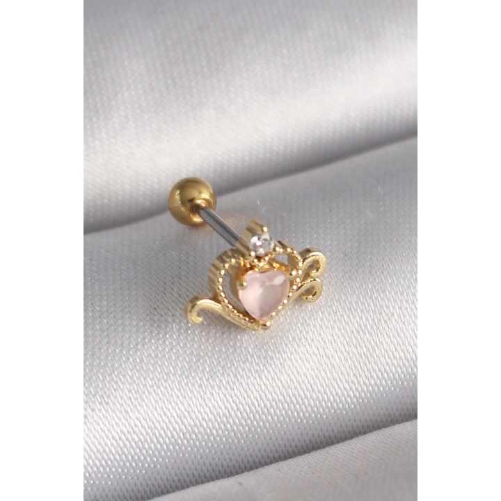 BFS 316L Çelik Gold Renk Pembe Mineli Kalp Zirkon Taş Detay Tragus Piercing