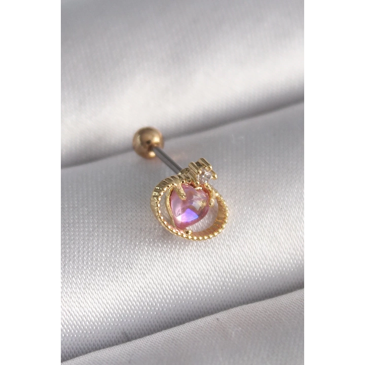 BFS 316L Çelik Gold Renk Pembe Mineli Kalp Zirkon Taş Detay Tragus Piercing