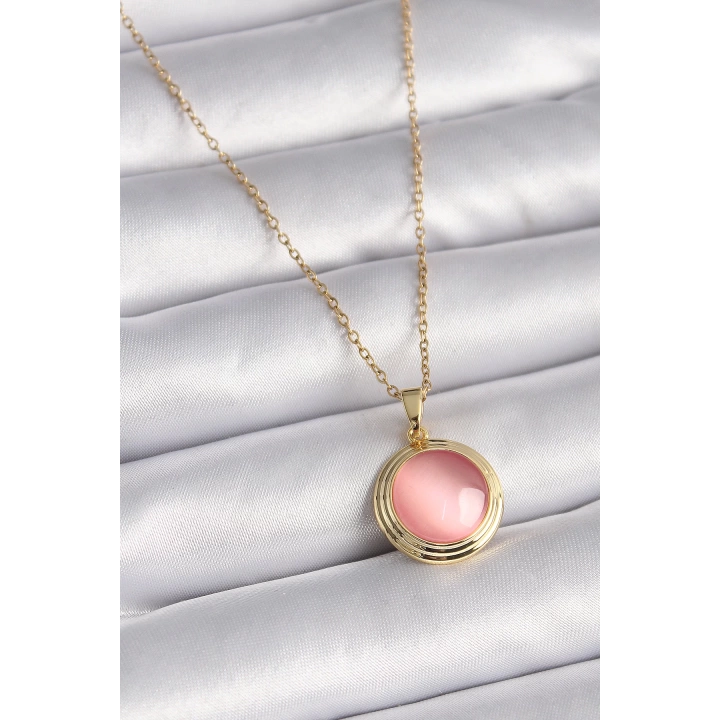 BFS 316L Çelik Gold Renk Pembe Sedefli Daire Model Kadın Kolye