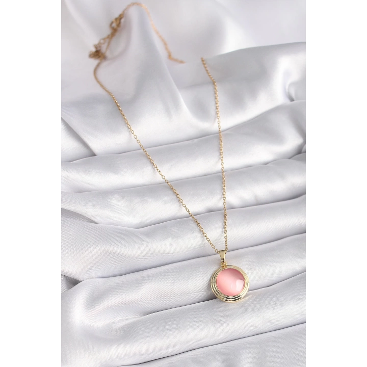 BFS 316L Çelik Gold Renk Pembe Sedefli Daire Model Kadın Kolye