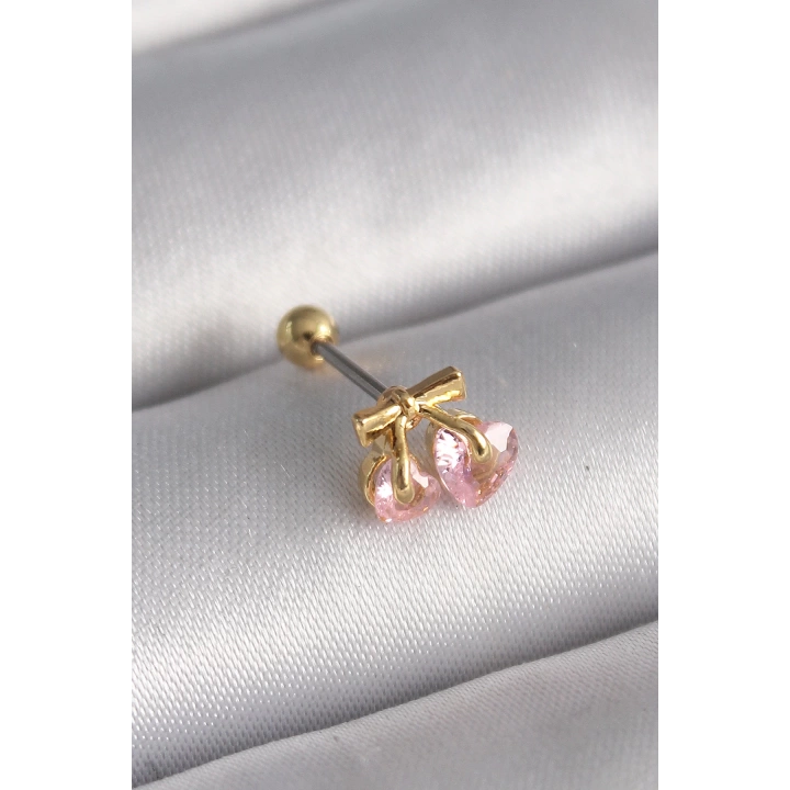 BFS 316L Çelik Gold Renk Pembe Zirkon Taşlı Kalp Tragus Piercing