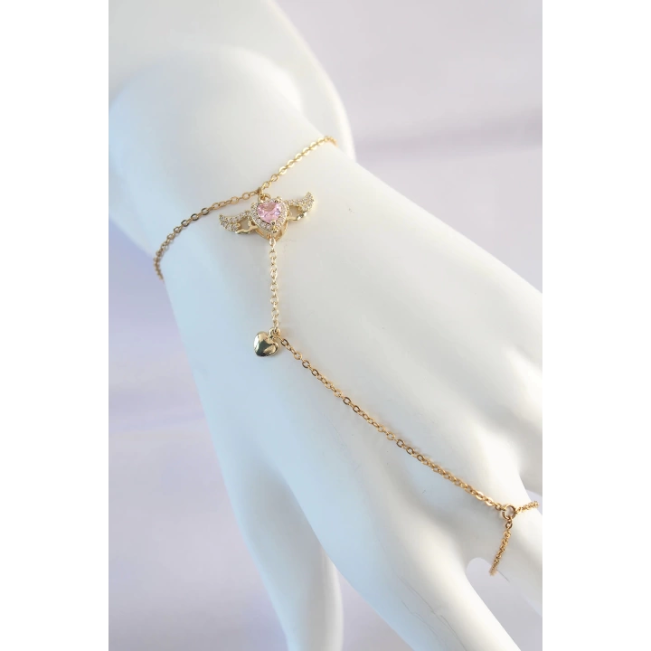 BFS 316L Çelik Gold Renk Pembe Zirkon Taşlı Kanatlı Kalp Model Şahmeran
