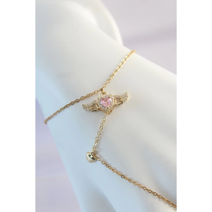 BFS 316L Çelik Gold Renk Pembe Zirkon Taşlı Kanatlı Kalp Model Şahmeran