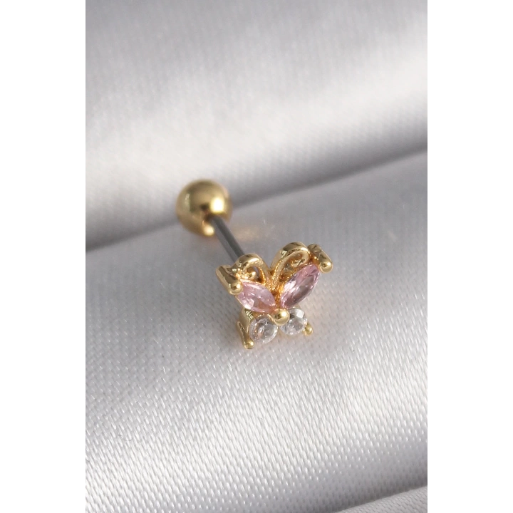 BFS 316L Çelik Gold Renk Pembe Zirkon Taşlı Kelebek Tragus Piercing
