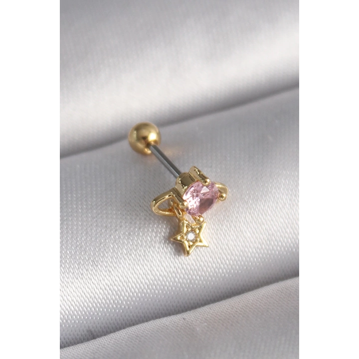 BFS 316L Çelik Gold Renk Pembe Zirkon Taşlı Sallantı Yıldız Detay Tragus Piercing