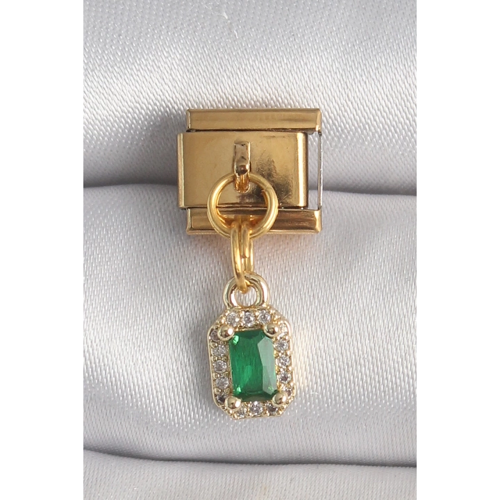 BFS 316L Çelik Gold Renk Sallantı Kare Yeşil Zirkon Taşlı Nomination Charm