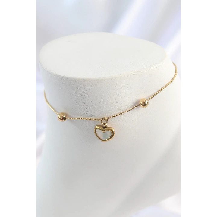 BFS 316L Çelik Gold Renk Sallantı Mineli Kalp Figür Topçuk Detay Kadın Halhal