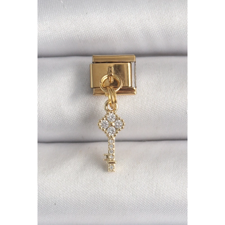 BFS 316L Çelik Gold Renk Sallantı Zirkon Taşlı Anahtar Model Nomination Charm