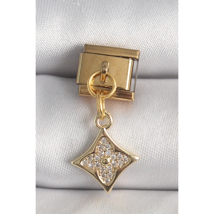 BFS 316L Çelik Gold Renk Sallantı Zirkon Taşlı Çiçek İşlemeli Nomination Charm