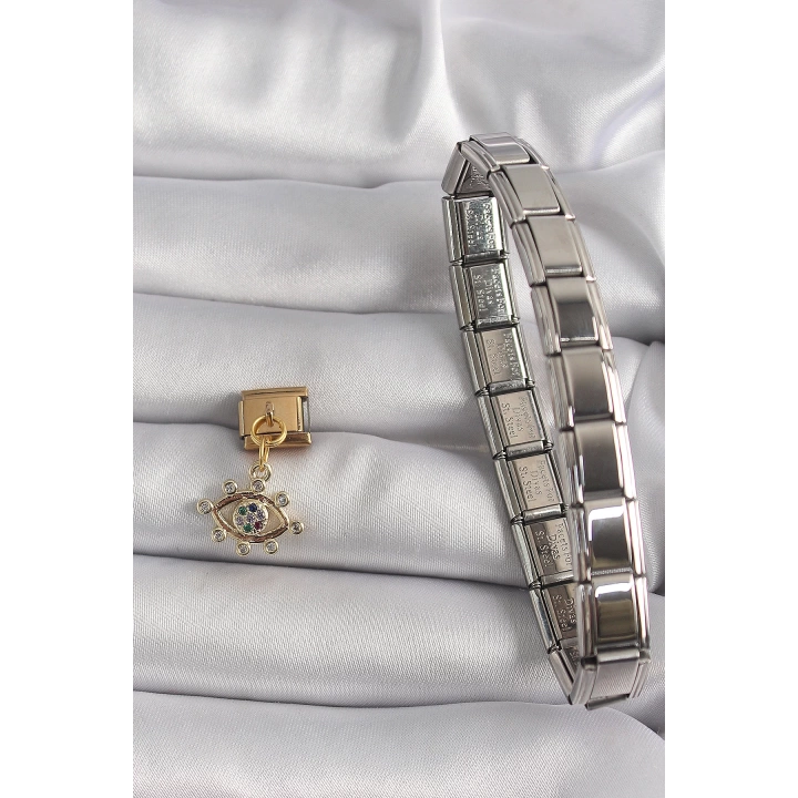 BFS 316L Çelik Gold Renk Sallantı Zirkon Taşlı Göz Model Nomination Charm