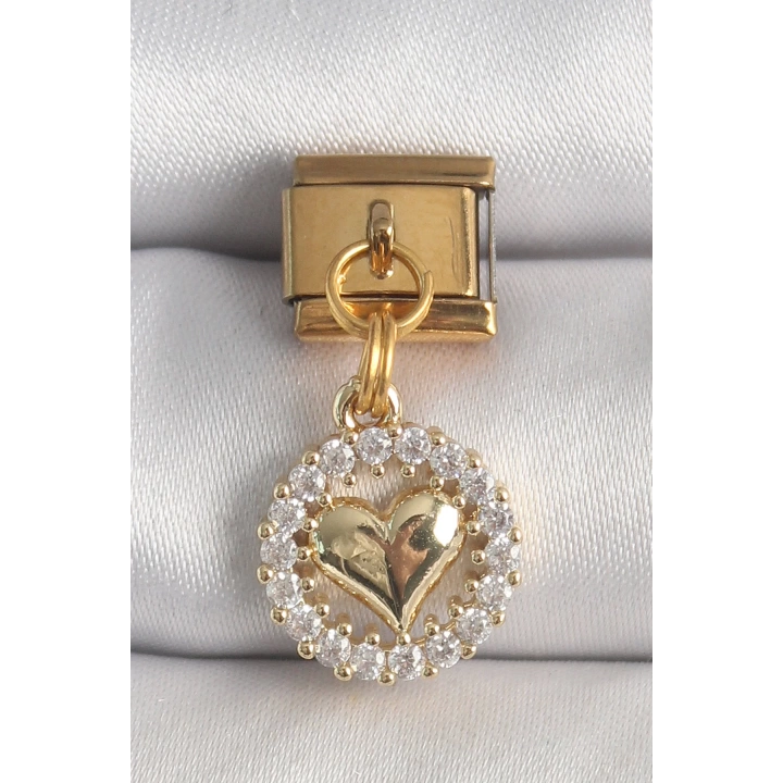 BFS 316L Çelik Gold Renk Sallantı Zirkon Taşlı Kalp Model Nomination Charm