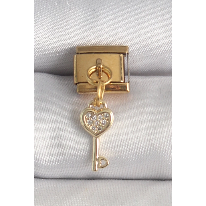 BFS 316L Çelik Gold Renk Sallantı Zirkon Taşlı Kalpli Anahtar Model Nomination Charm