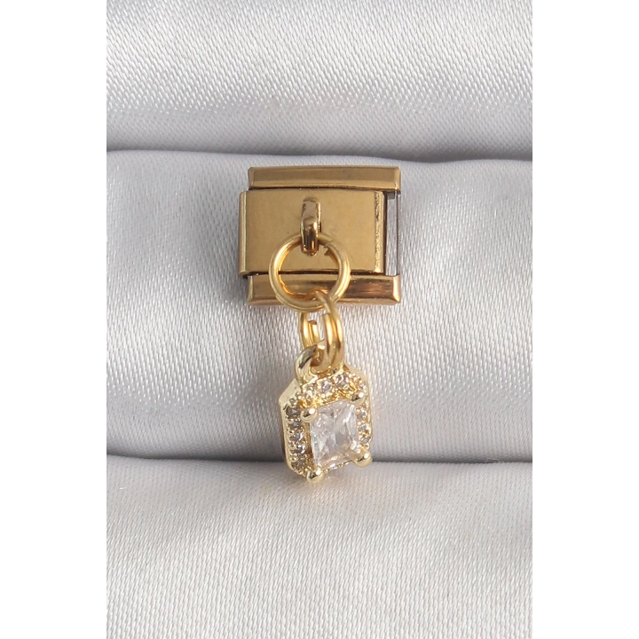 BFS 316L Çelik Gold Renk Sallantı Zirkon Taşlı Kare Model Nomination Charm