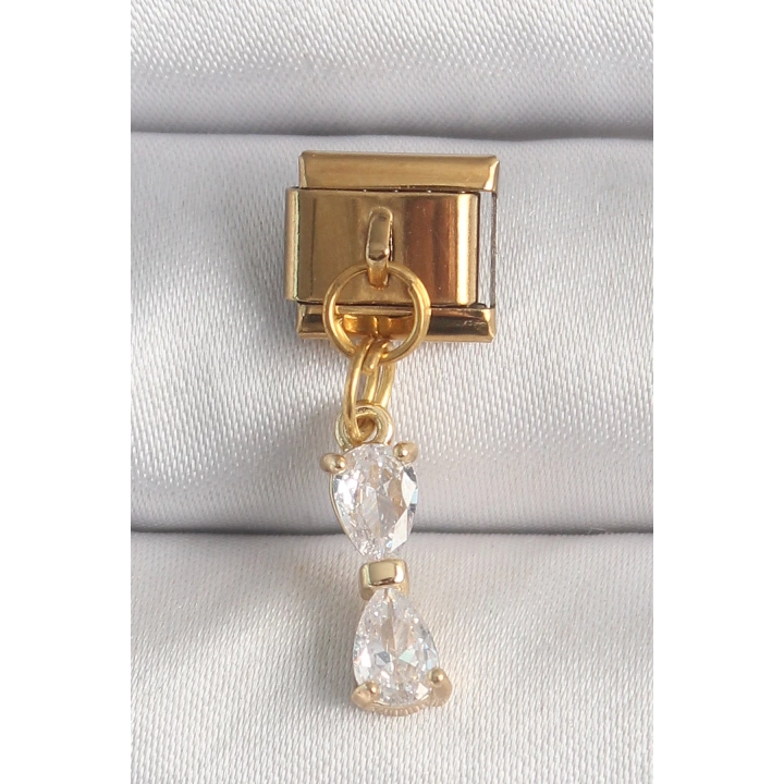 BFS 316L Çelik Gold Renk Sallantı Zirkon Taşlı Kurdele Model Nomination Charm