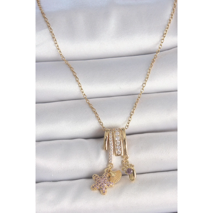 BFS 316L Çelik Gold Renk Sallantı Zirkon Taşlı Mor Taşlı Ayıcık Figür Charm Kadın Kolye