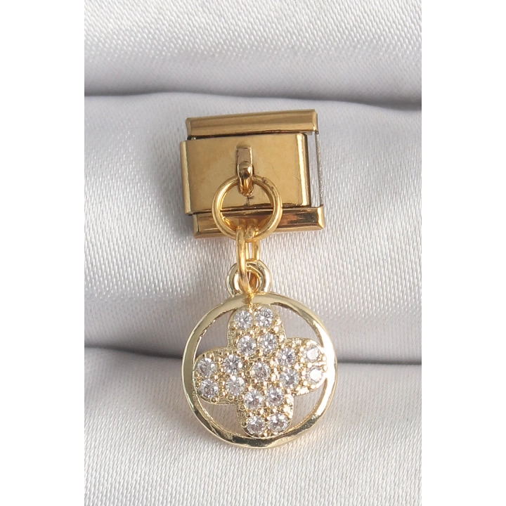 BFS 316L Çelik Gold Renk Sallantı Zirkon Taşlı Yonca Model Nomination Charm