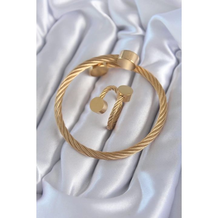 BFS 316L Çelik Gold Renk Sarmal Model Erkek Bileklik Yüzük Kombini