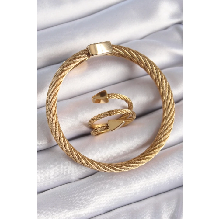 BFS 316L Çelik Gold Renk Sarmal Model Erkek Bileklik Yüzük Kombini