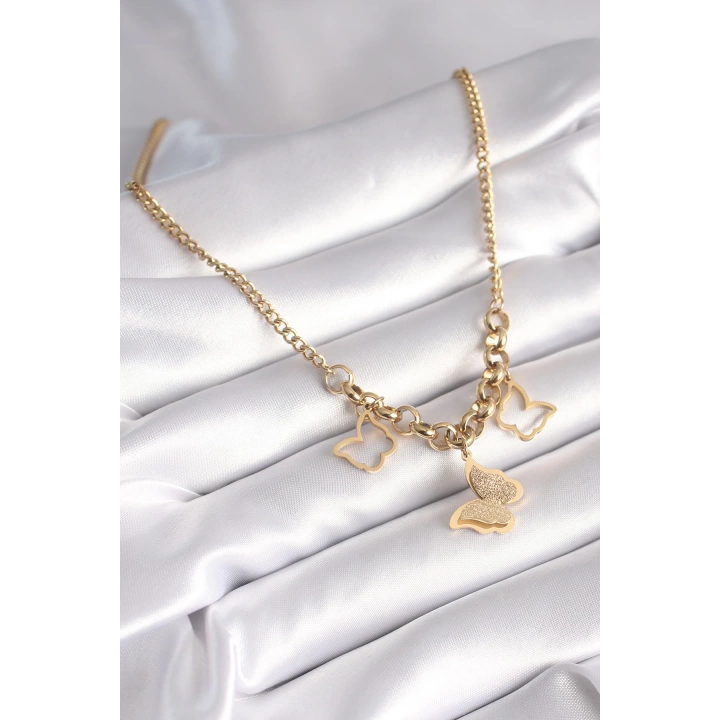 BFS 316L Çelik Gold Renk Simli Kelebek Model Kadın Kolye