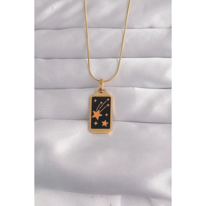 BFS 316L Çelik Gold Renk Siyah Mineli Yıldız Figür Tarot Kolye