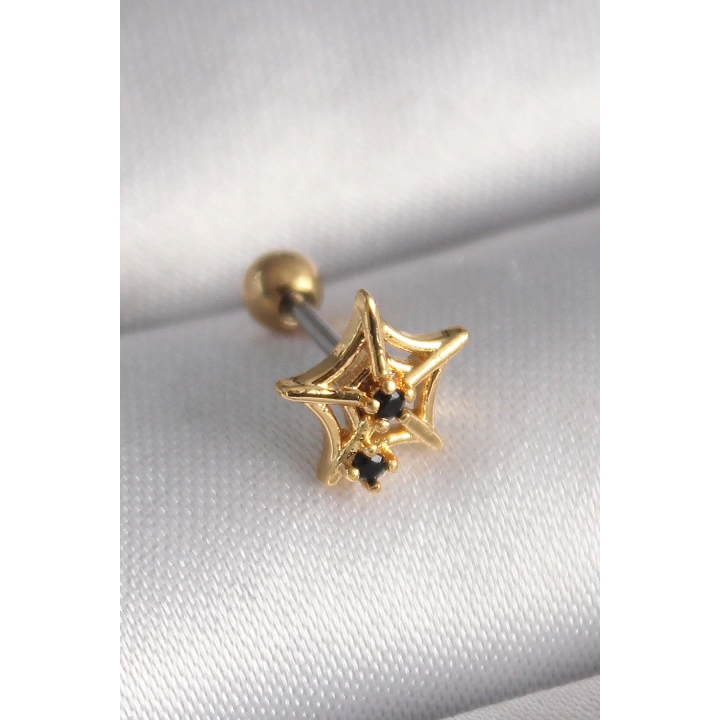BFS 316L Çelik Gold Renk Siyah Zirkon Taş Detay Örümcek Ağ Model Tragus Piercing