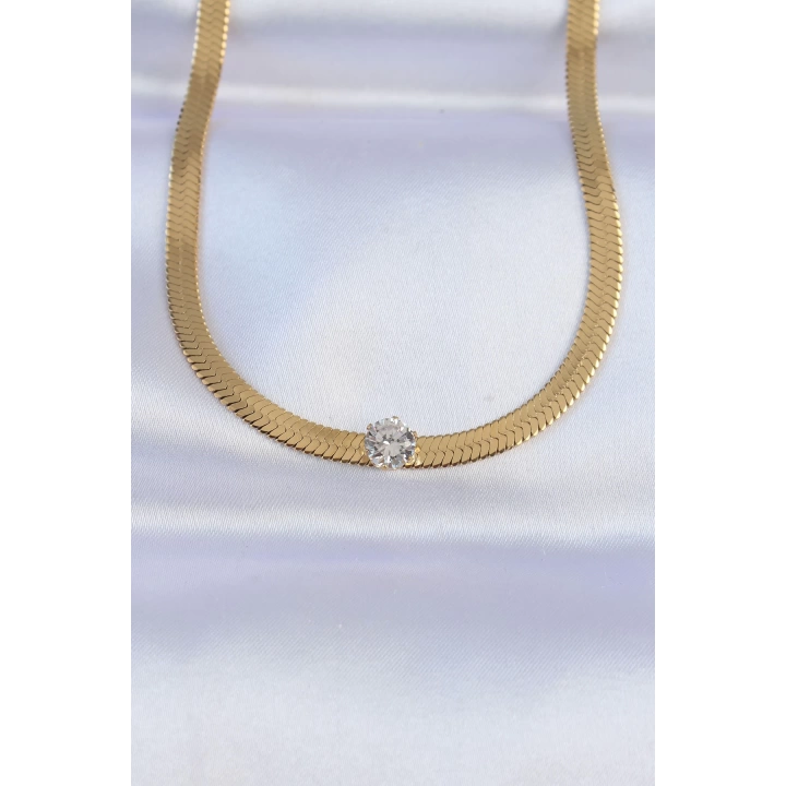 BFS 316L Çelik Gold Renk Tek Zirkon Taşlı İtalyan Zincir Kolye