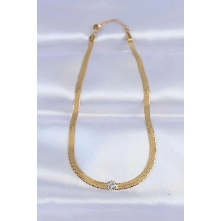 BFS 316L Çelik Gold Renk Tek Zirkon Taşlı İtalyan Zincir Kolye