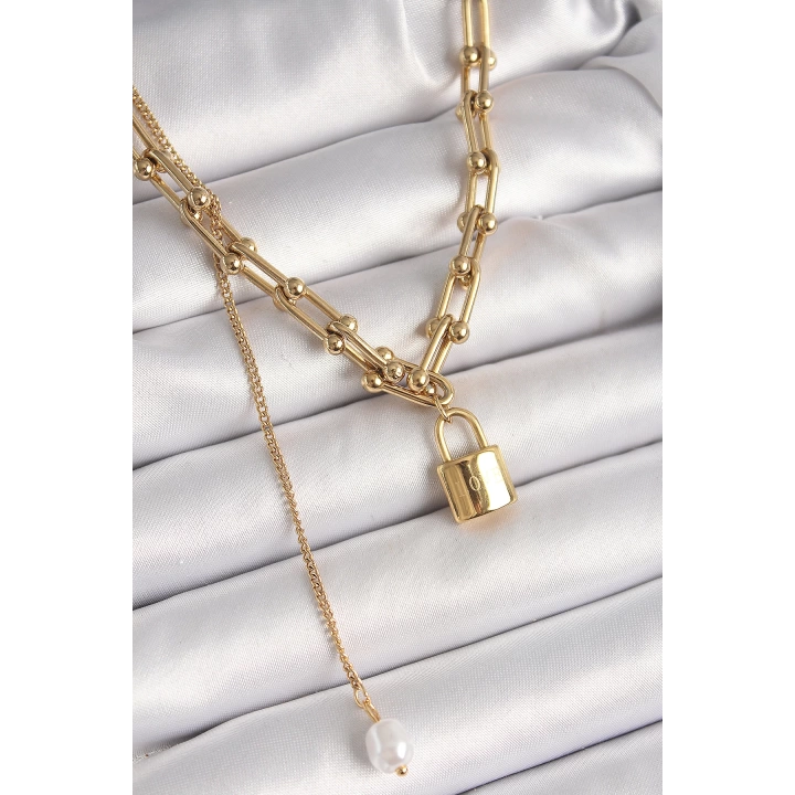 BFS 316L Çelik Gold Renk Tiffany Zincir Model Kilit Figür Sallantı İnci Detay Kadın Kolye