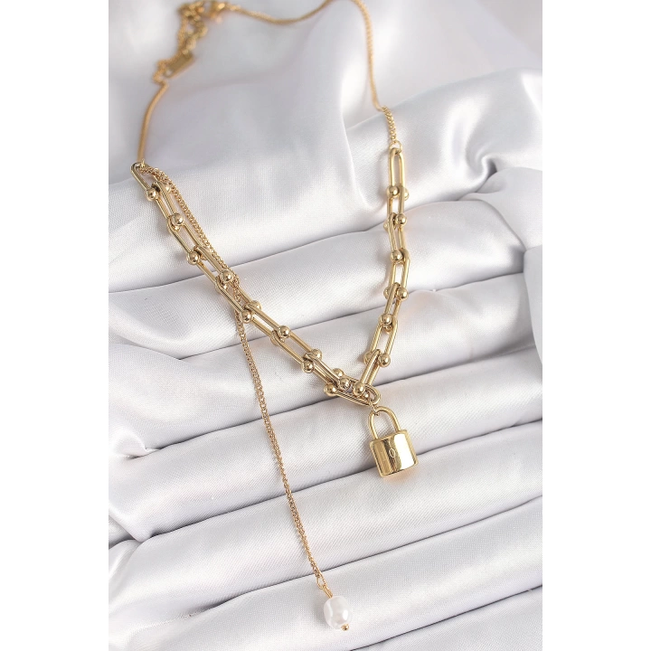 BFS 316L Çelik Gold Renk Tiffany Zincir Model Kilit Figür Sallantı İnci Detay Kadın Kolye