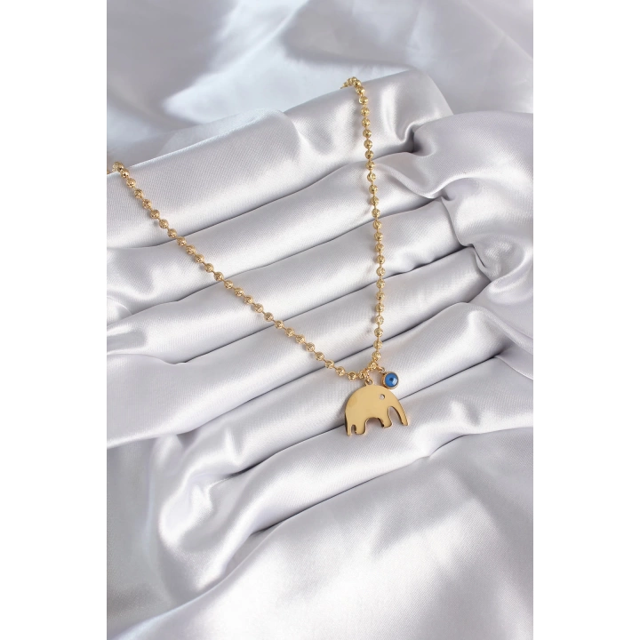 BFS 316L Çelik Gold Renk Top Zincir Model Fil Figür Nazar Boncuk Detay Kadın Kolye