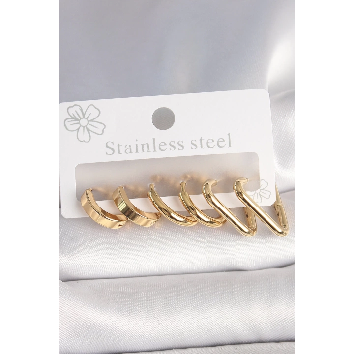 BFS 316L Çelik Gold Renk Üçgen Halka Model Kadın Küpe Seti