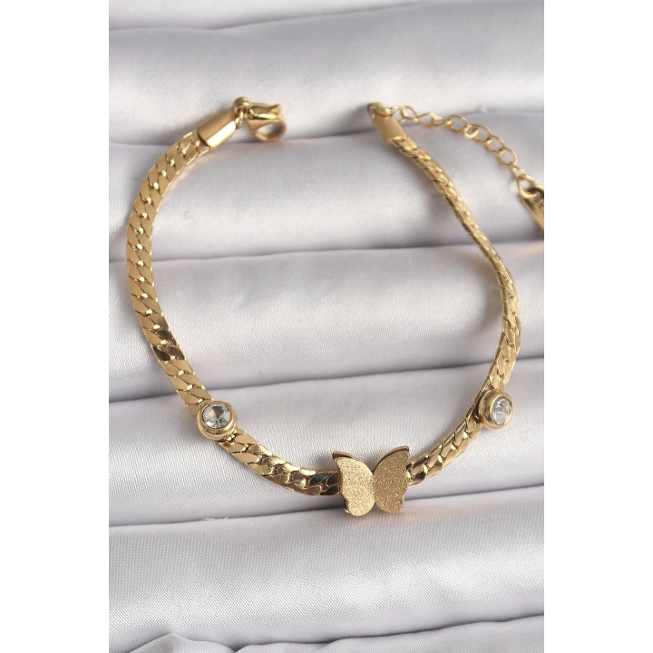 BFS 316L Çelik Gold Renk Yassı Zincir Zirkon Taşlı Simli Kelebek Figür Kadın Bileklik