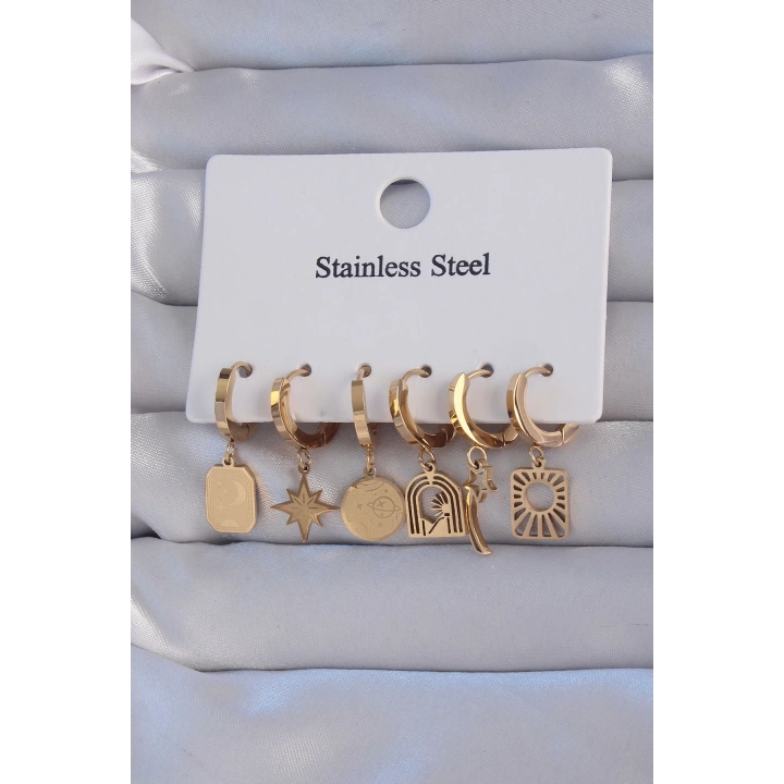BFS 316L Çelik Gold Renk Yıldız Figürlü Tarot Model Halka Küpe Seti