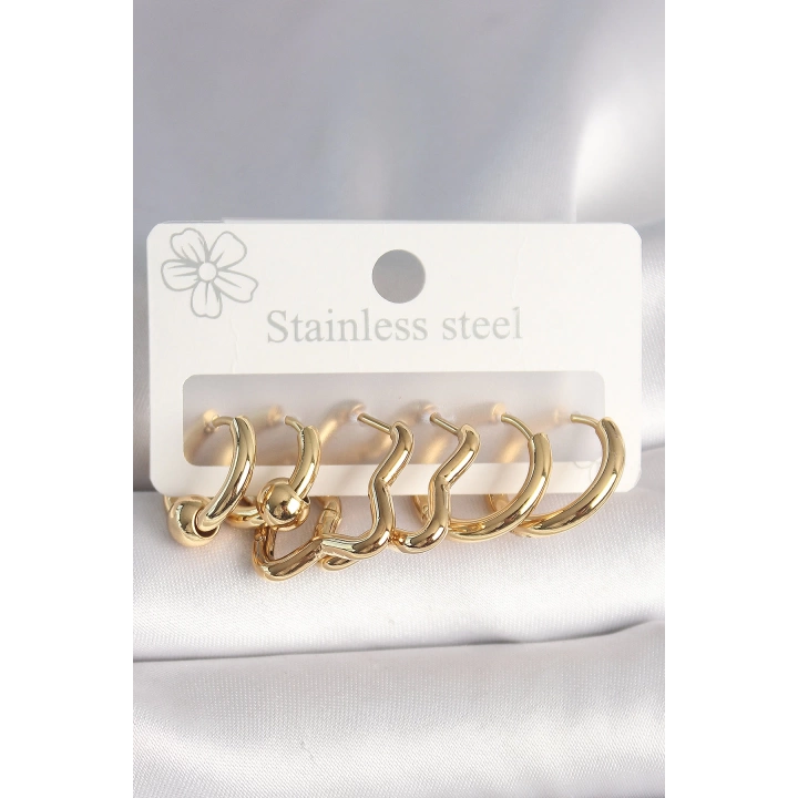 BFS 316L Çelik Gold Renk Yıldız Halka Model Kadın Küpe Seti