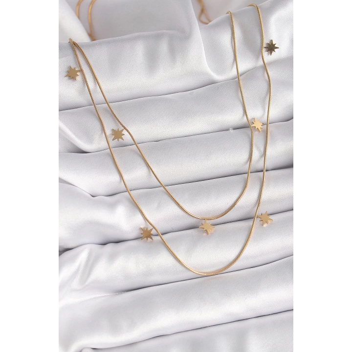 BFS 316L Çelik Gold Renk Zincir 2Li Kutup Yıldızı Model Kadın Kolye