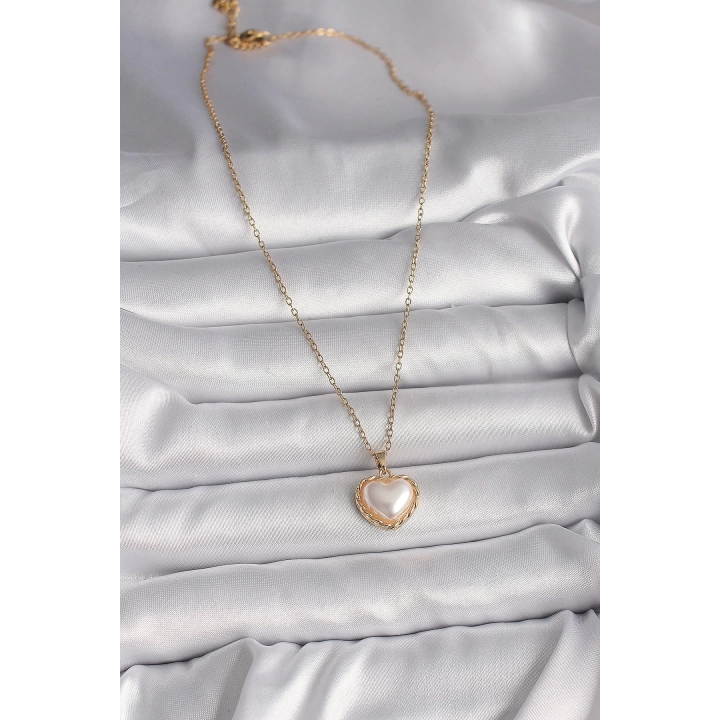 BFS 316L Çelik Gold Renk Zincir 3D İnci Kalp Model Kadın Kolye