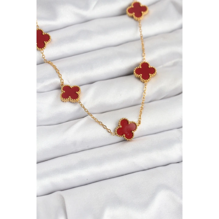 BFS 316L Çelik Gold Renk Zincir Bordo Yonca Kadın Kolye