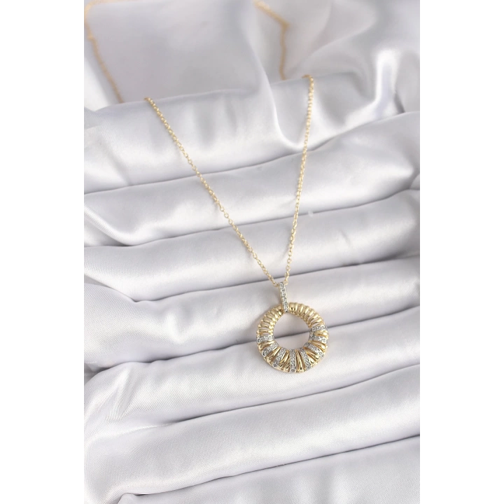 BFS 316L Çelik Gold Renk Zincir Gümüş Zirkon Taşlı Daire Model Kadın Kolye